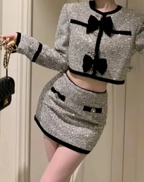 LERA Sequin Tweed Crop Jacket and Skirt Set