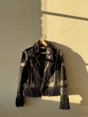 Liam Fringe Cropped Tweed Embellished Jacket In Black & Gold