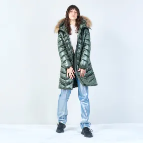 Long puffer coat with fur-lined hood wholesale