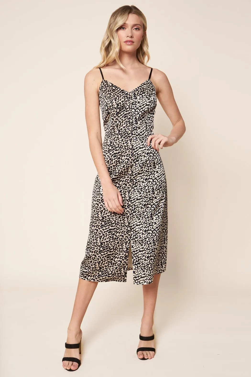 Marcelina Mixed Leopard Satin Midi Slip Dress