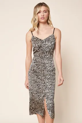 Marcelina Mixed Leopard Satin Midi Slip Dress