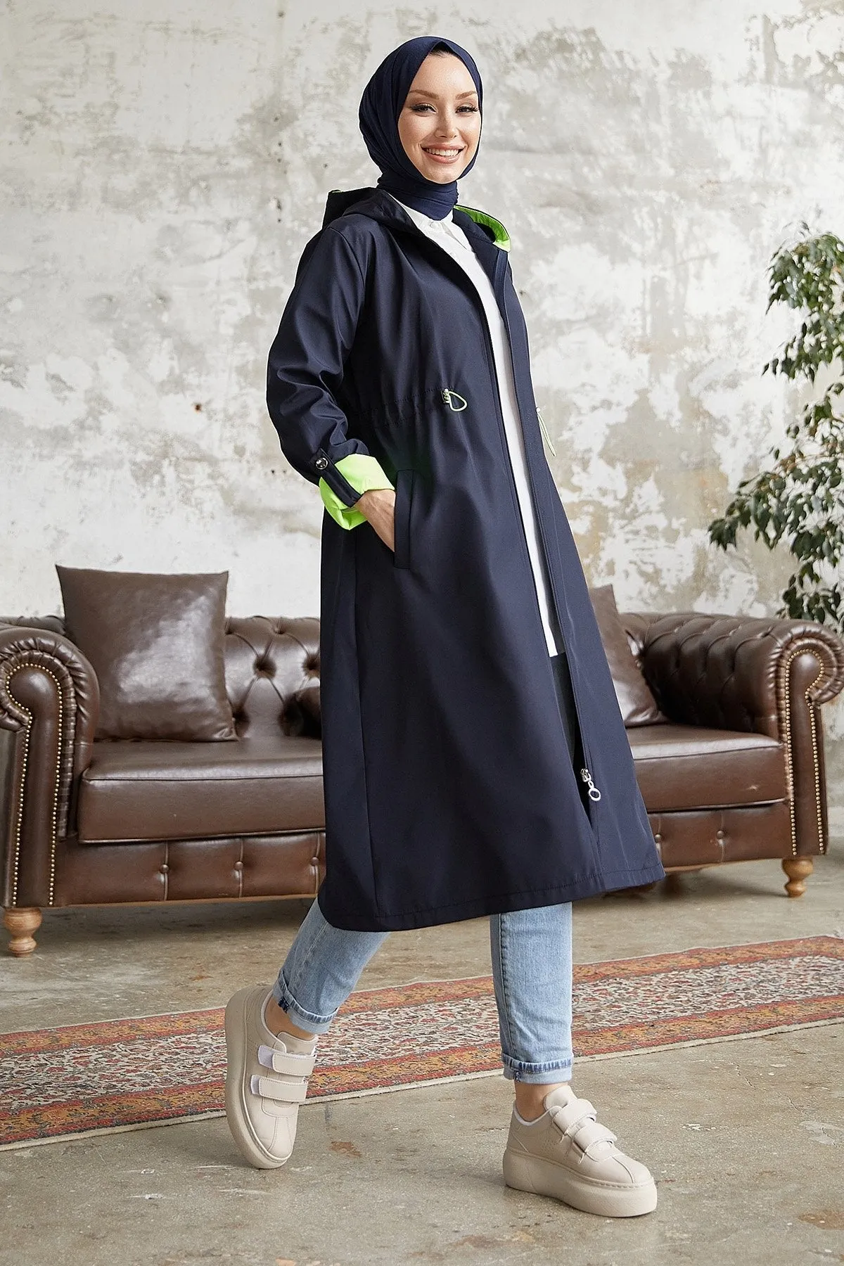 MDS Women Waist Gathered Hooded Neon Trench Coat - Navy \ Green - Pompano Beach