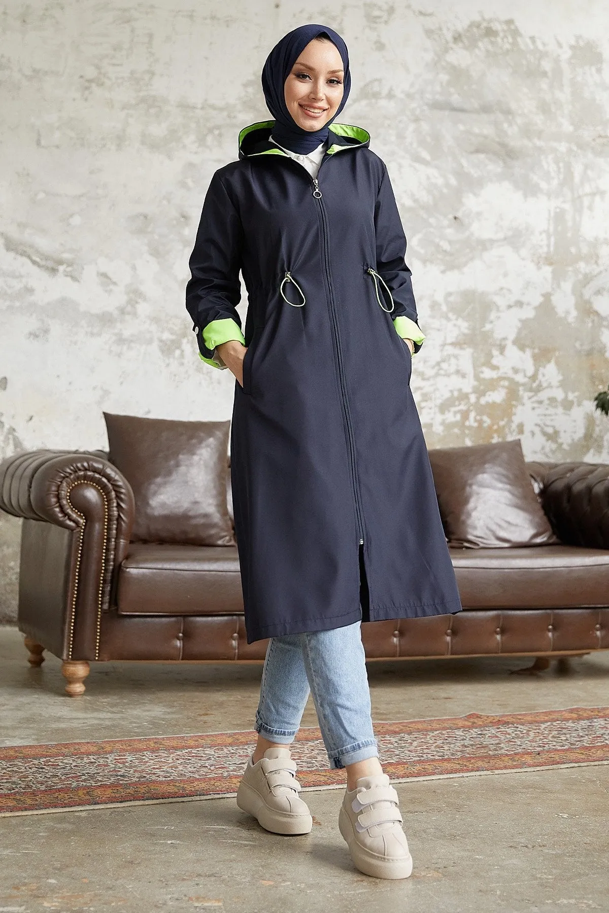 MDS Women Waist Gathered Hooded Neon Trench Coat - Navy \ Green - Pompano Beach