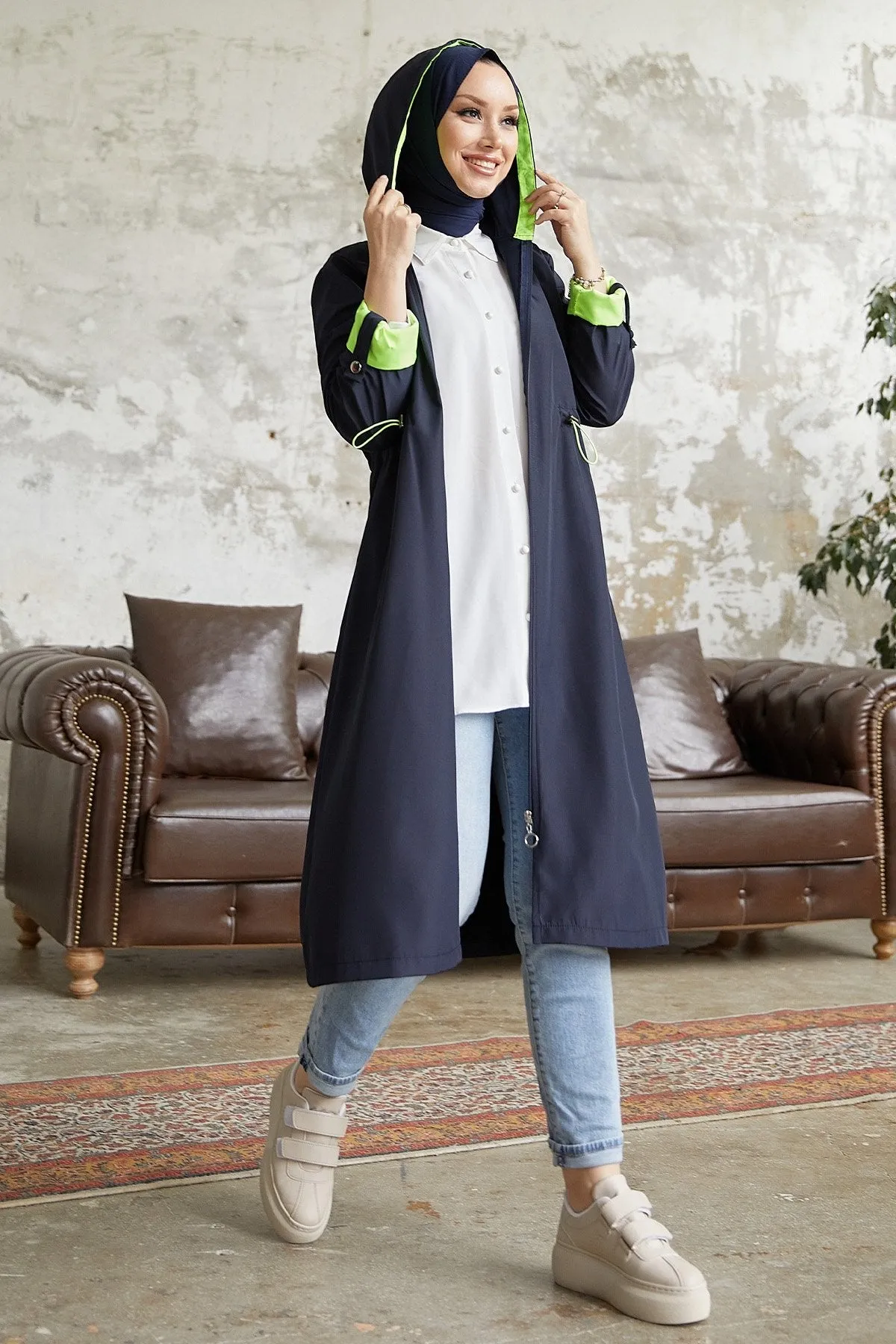MDS Women Waist Gathered Hooded Neon Trench Coat - Navy \ Green - Pompano Beach