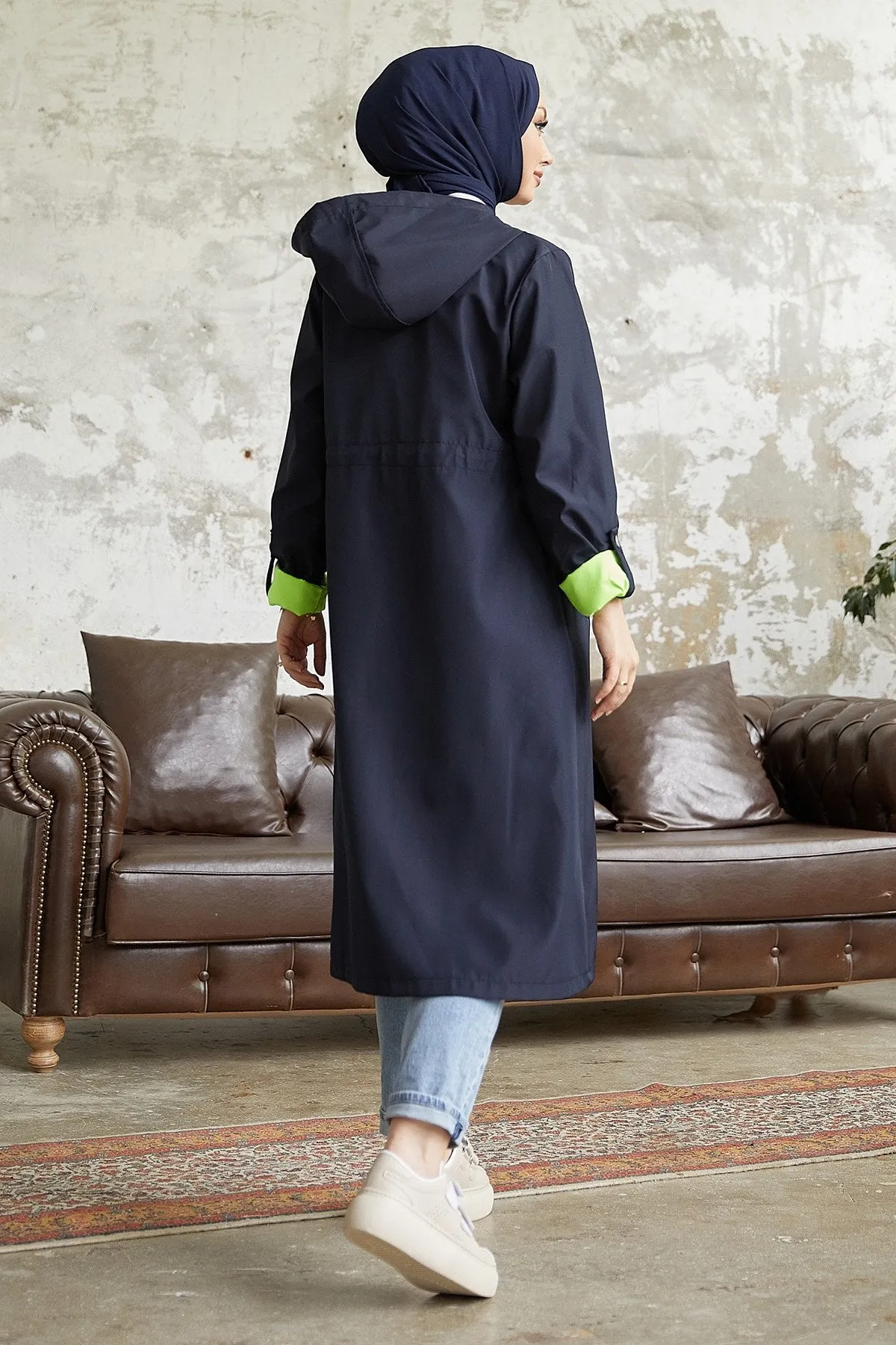MDS Women Waist Gathered Hooded Neon Trench Coat - Navy \ Green - Pompano Beach