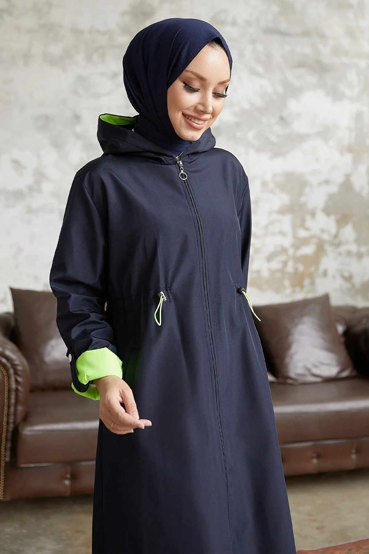 MDS Women Waist Gathered Hooded Neon Trench Coat - Navy \ Green - Pompano Beach