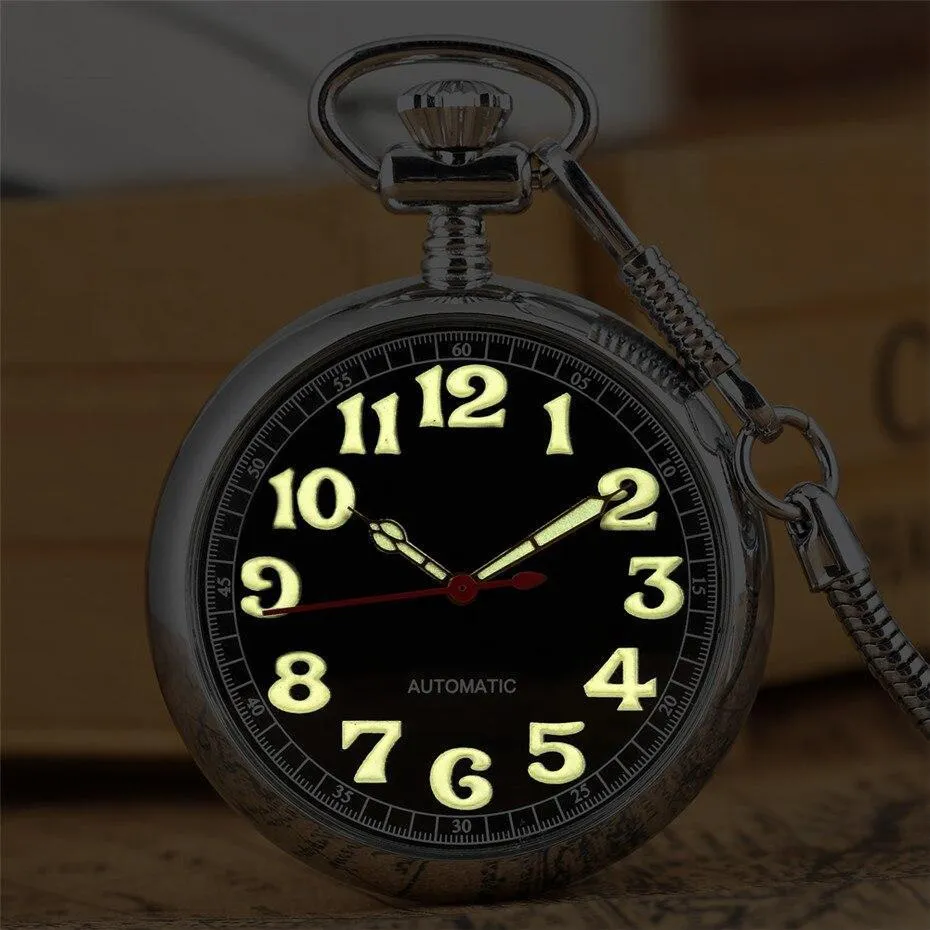 Men's Automatic Open Face Pocket Watch - Black Light