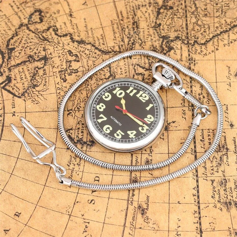 Men's Automatic Open Face Pocket Watch - Black Light