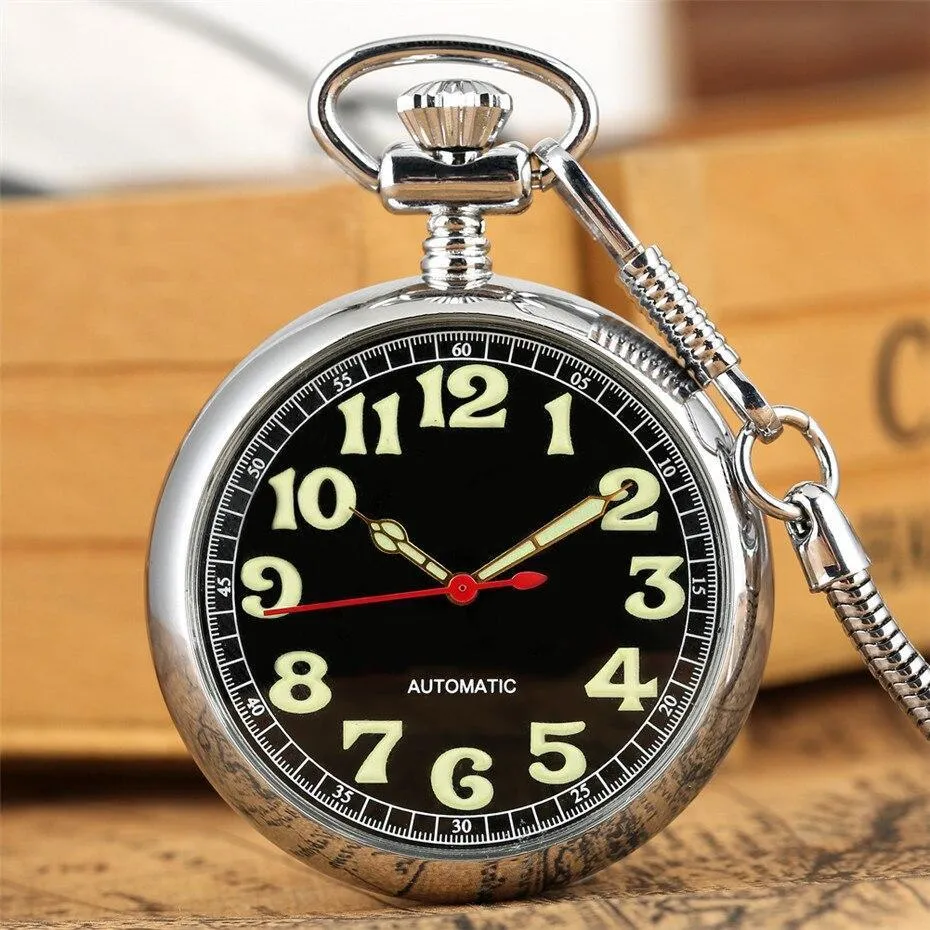 Men's Automatic Open Face Pocket Watch - Black Light
