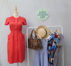 Meredith | Vintage vermillion orange red 1950s plain cotton dress with 2 large pockets