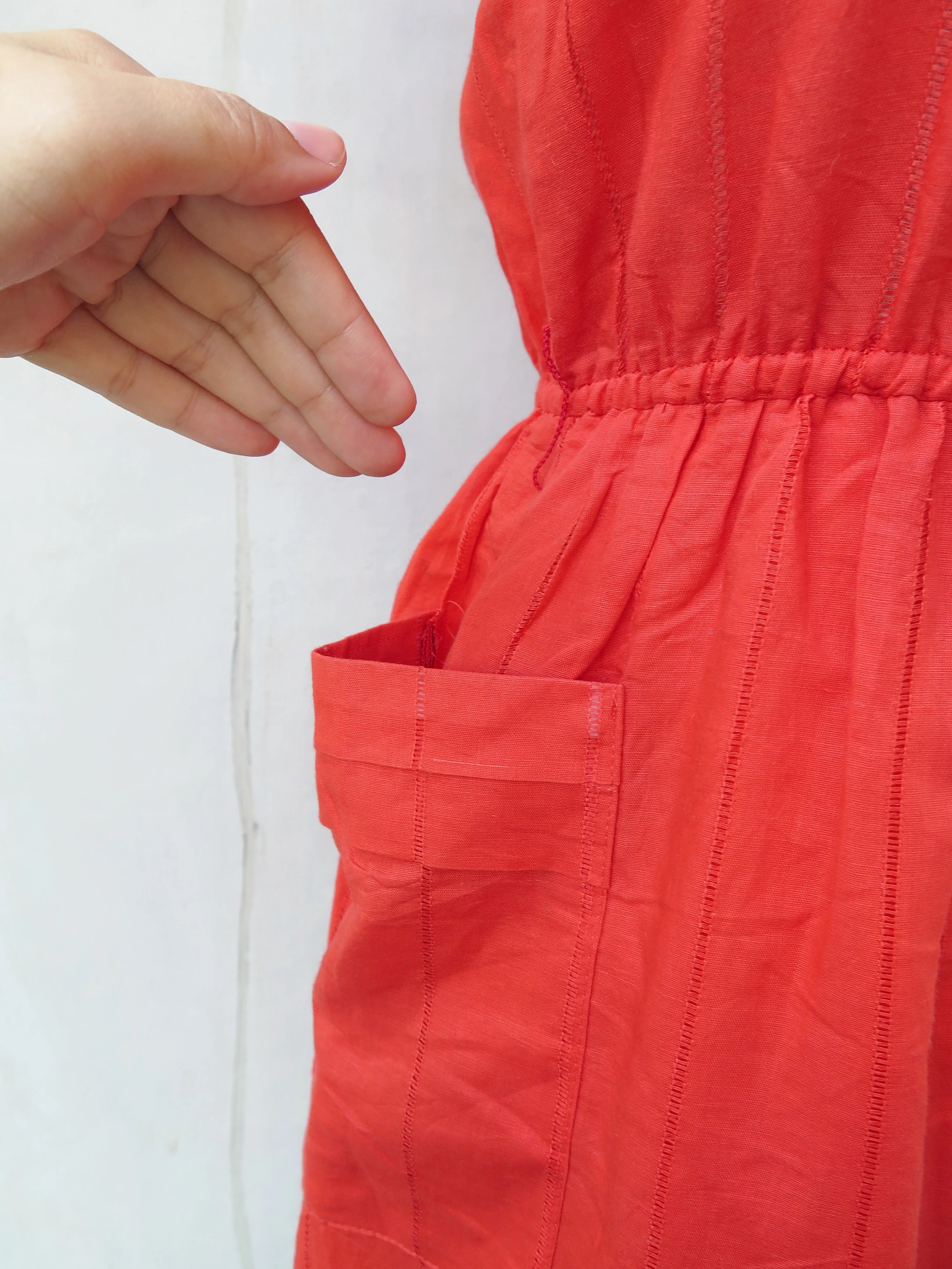 Meredith | Vintage vermillion orange red 1950s plain cotton dress with 2 large pockets