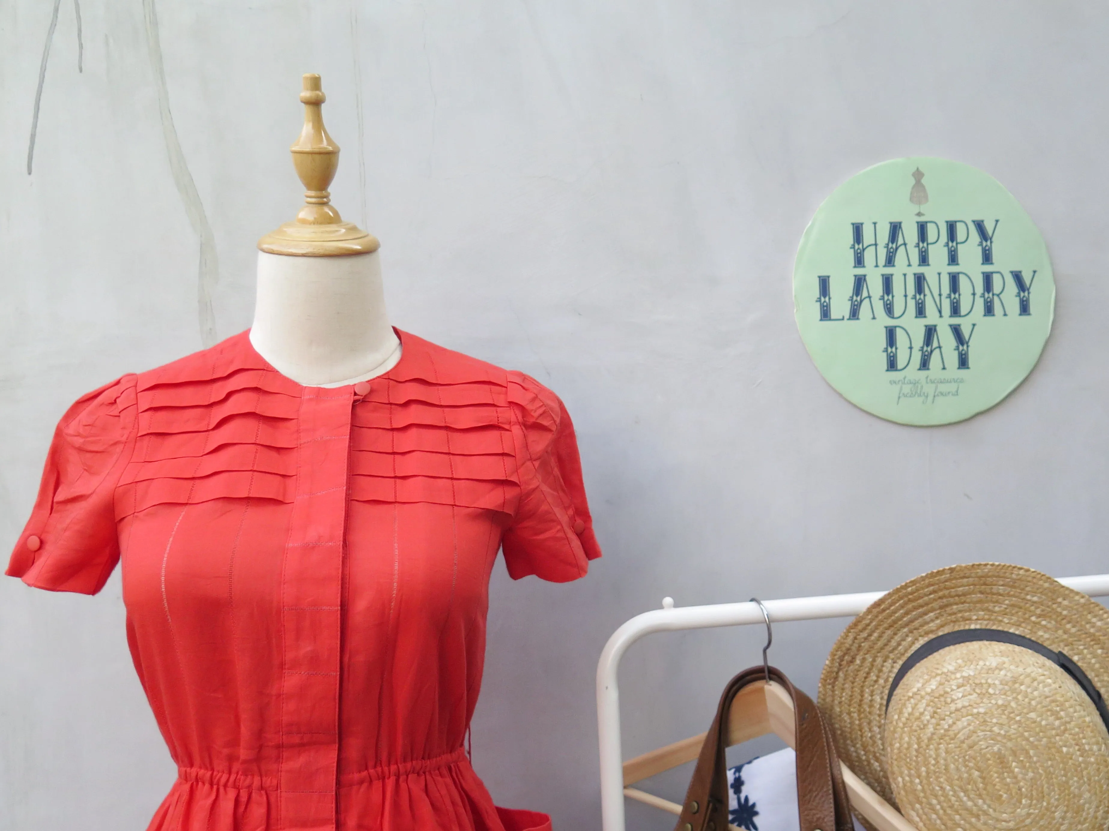 Meredith | Vintage vermillion orange red 1950s plain cotton dress with 2 large pockets