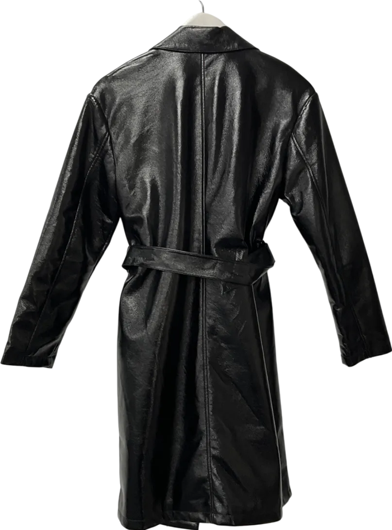 Miss Selfridge Black Faux Leather Trench Coat With Ring Belt UK 10