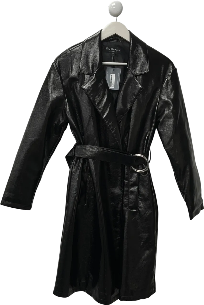 Miss Selfridge Black Faux Leather Trench Coat With Ring Belt UK 10