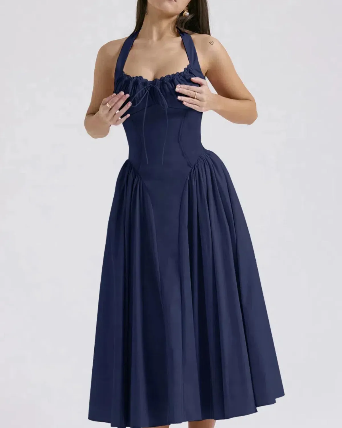 Navy Ruched Halter Midi Dress