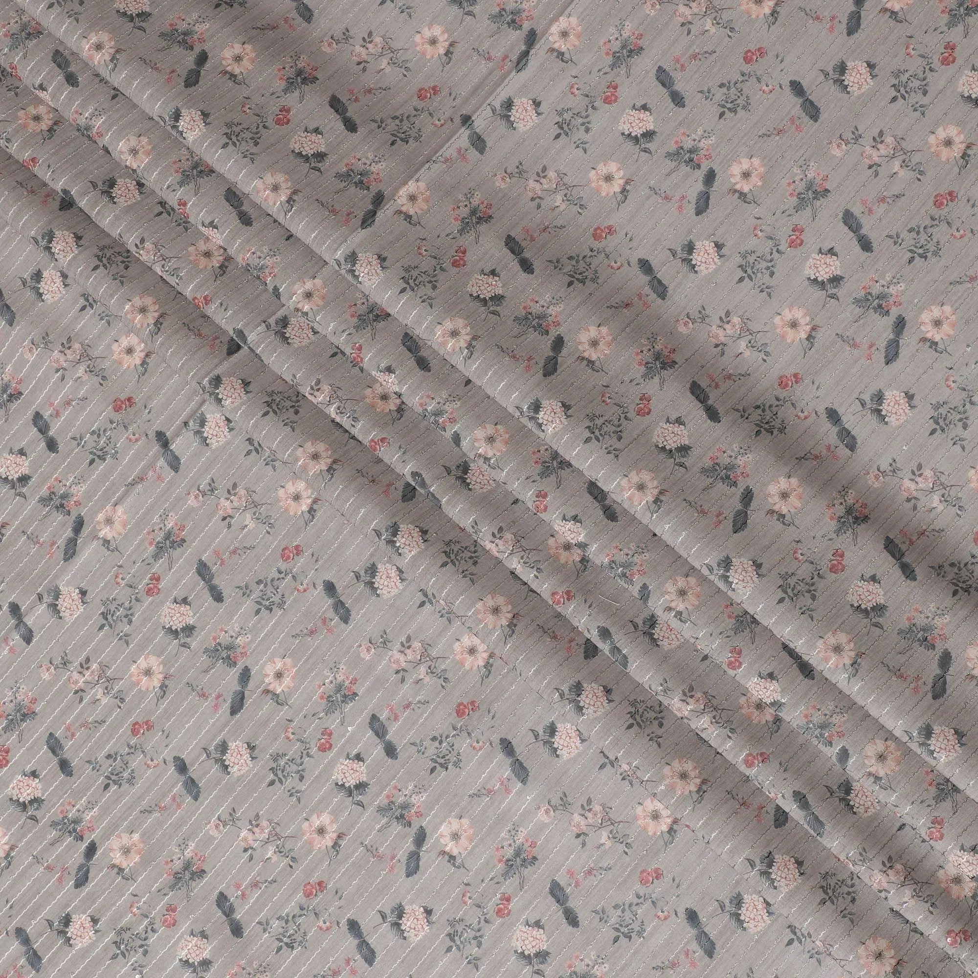 Pale brown synthetic silk fabric with same tone embroidery having multicolor print in stripe design-D16428