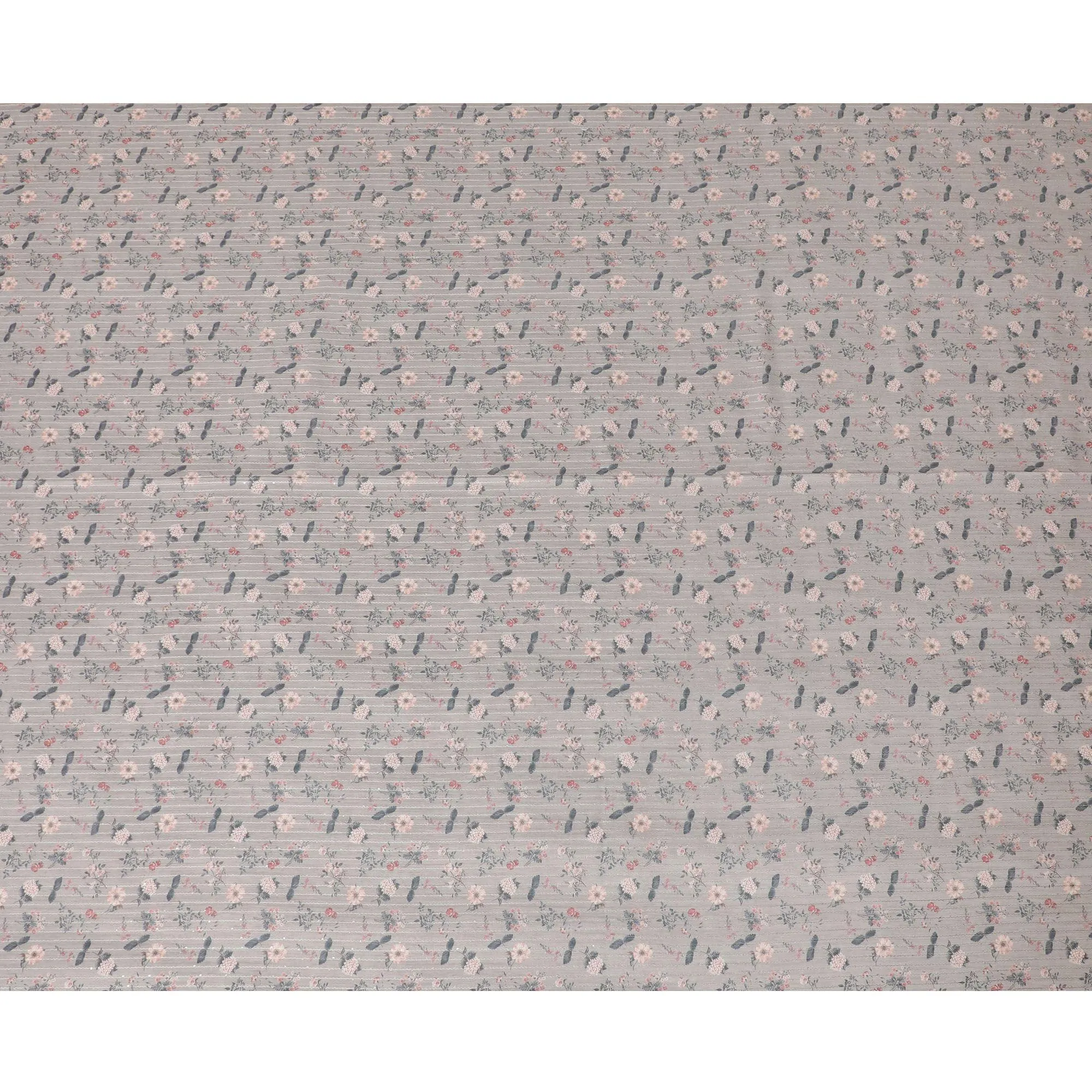 Pale brown synthetic silk fabric with same tone embroidery having multicolor print in stripe design-D16428