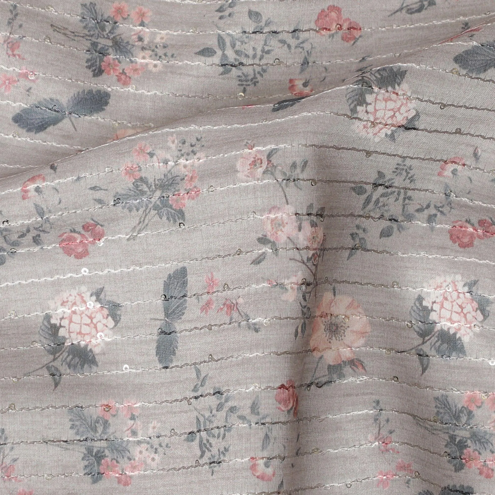 Pale brown synthetic silk fabric with same tone embroidery having multicolor print in stripe design-D16428