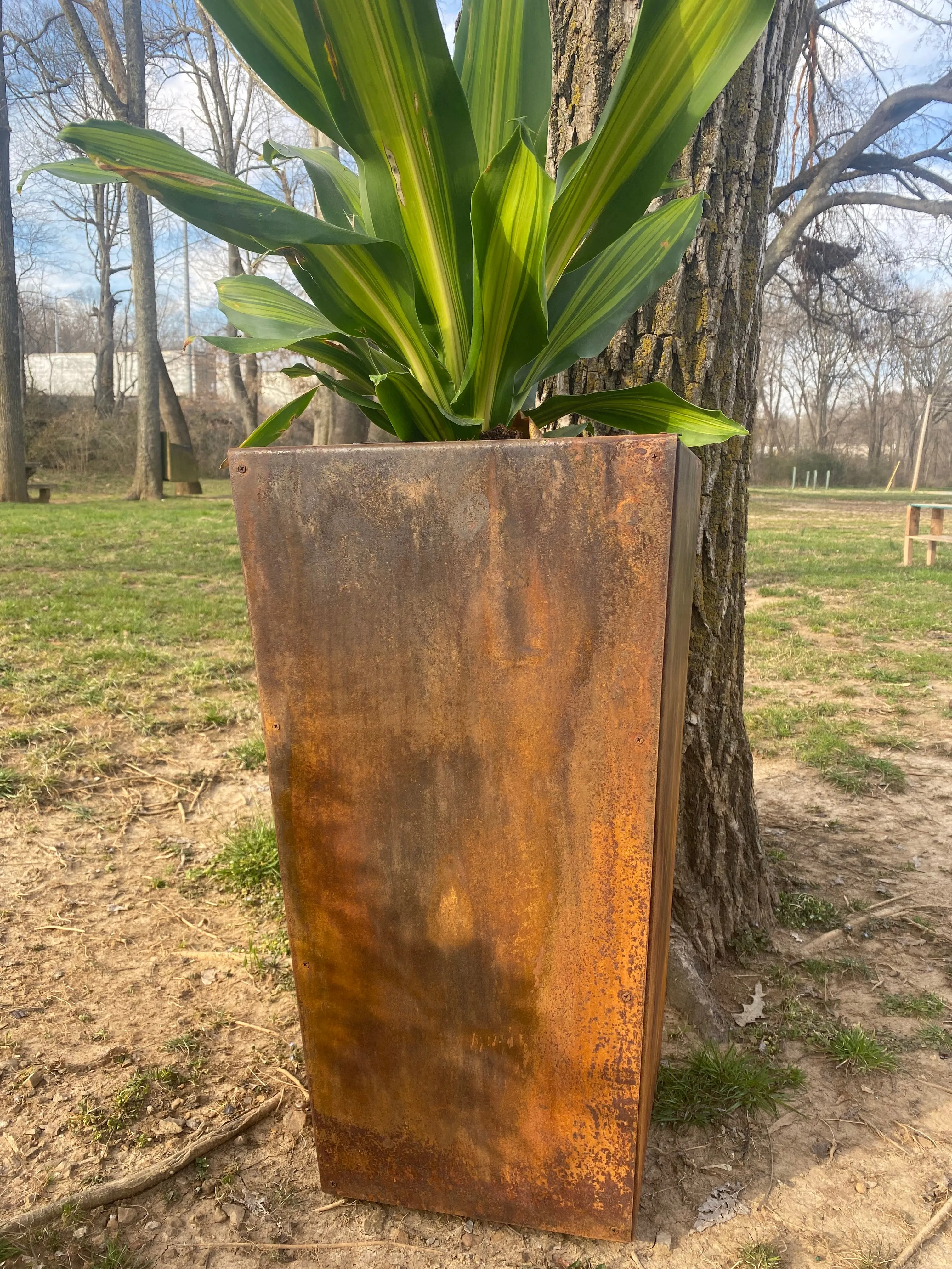 Pedestal Metal Planter - 14" x 14" x 26" Tall Large Planter - Front Door Decor - Planter Pot - Raw Steel Will Develop Natural Rusty Patina - Minimalist
