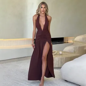 Peggy Halter Split Ruched Maxi Dress
