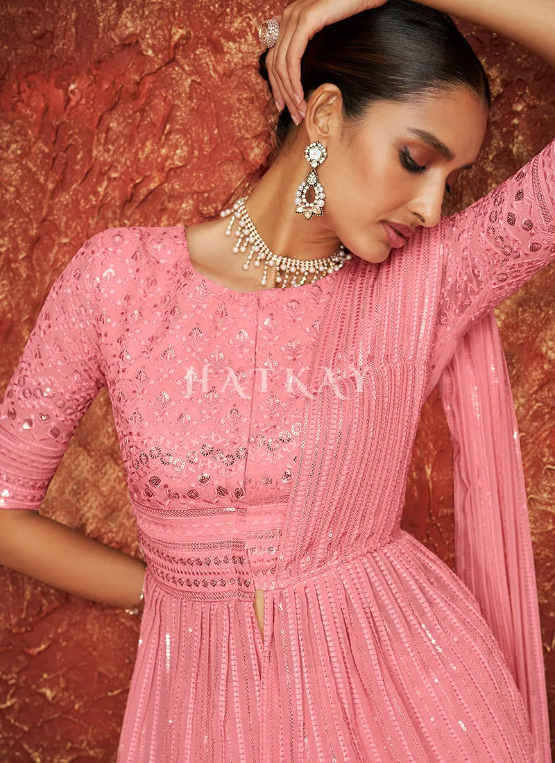 Pink Sequence Embroidered Jacket Style Lehenga Suit