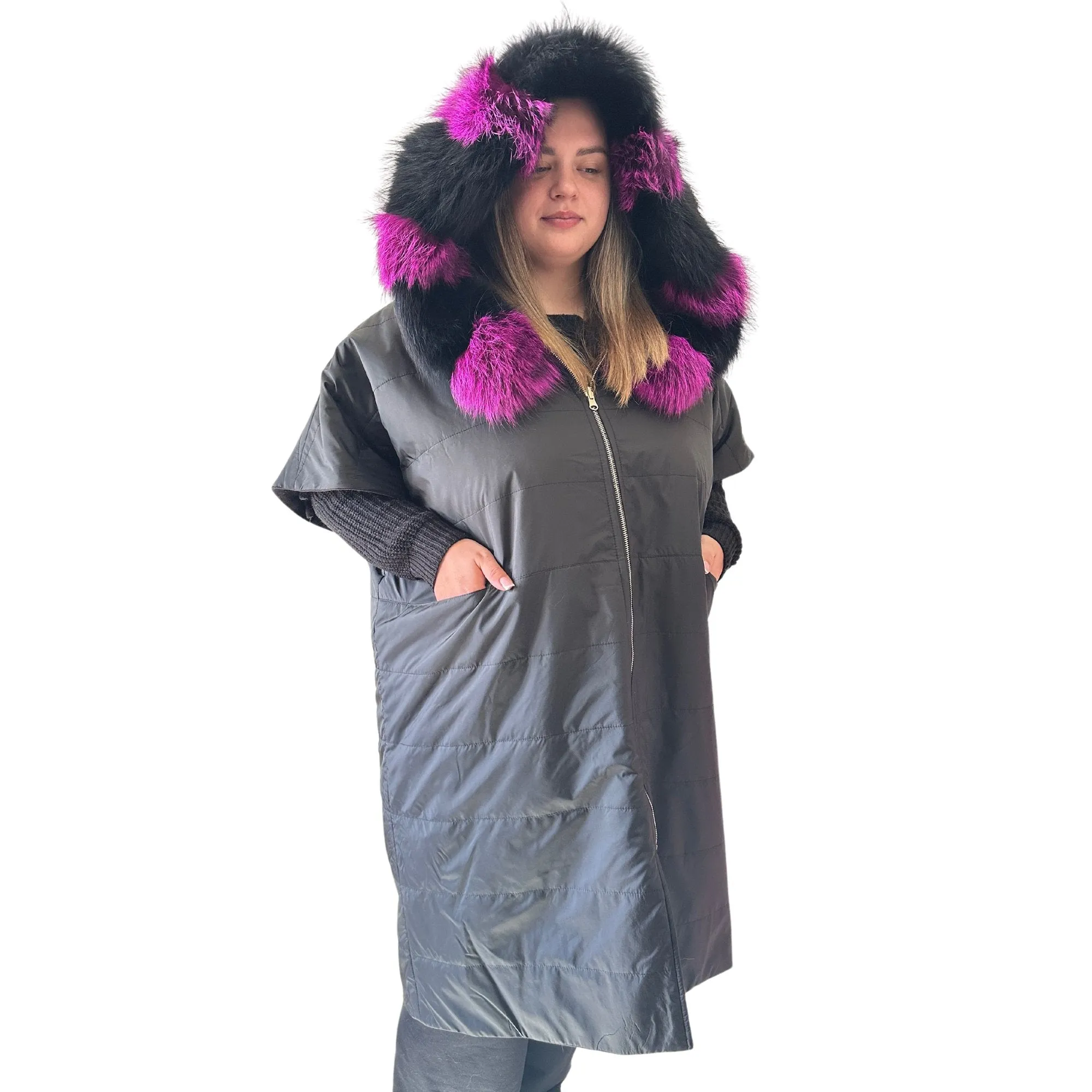 Puffer Cashmere Black Quilted Double-Sided Long Coat Vest Cape with Hood - Stylish and Warm Women's Outerwear Plus size