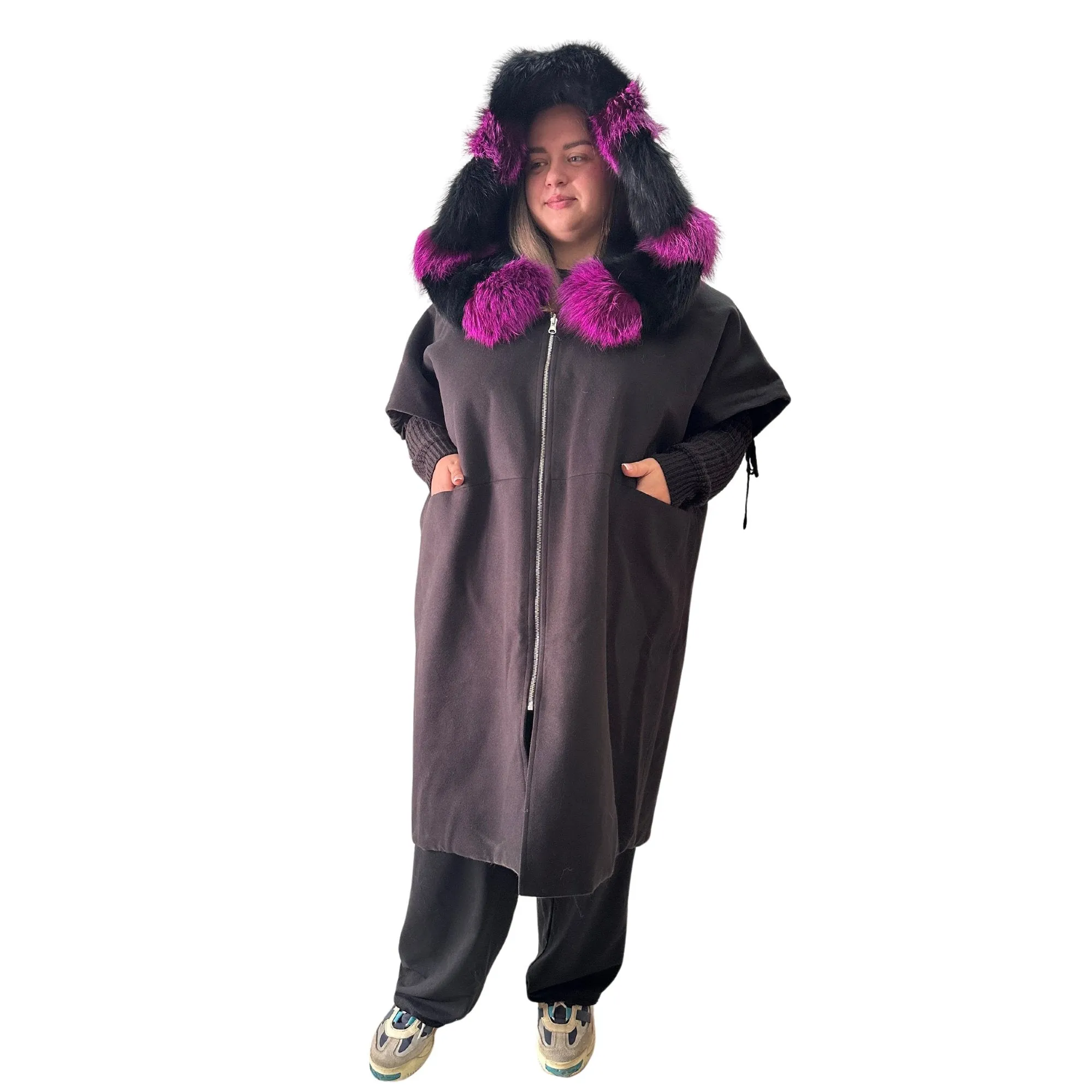 Puffer Cashmere Black Quilted Double-Sided Long Coat Vest Cape with Hood - Stylish and Warm Women's Outerwear Plus size