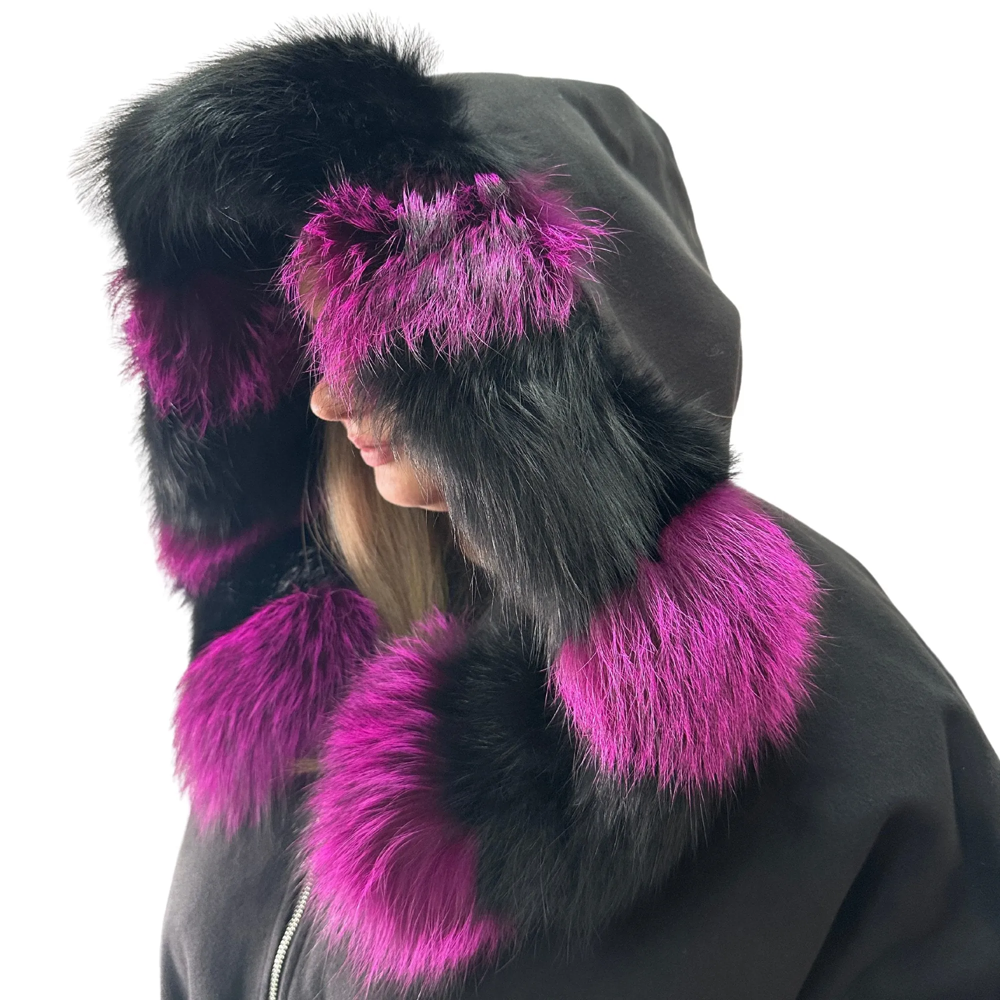 Puffer Cashmere Black Quilted Double-Sided Long Coat Vest Cape with Hood - Stylish and Warm Women's Outerwear Plus size