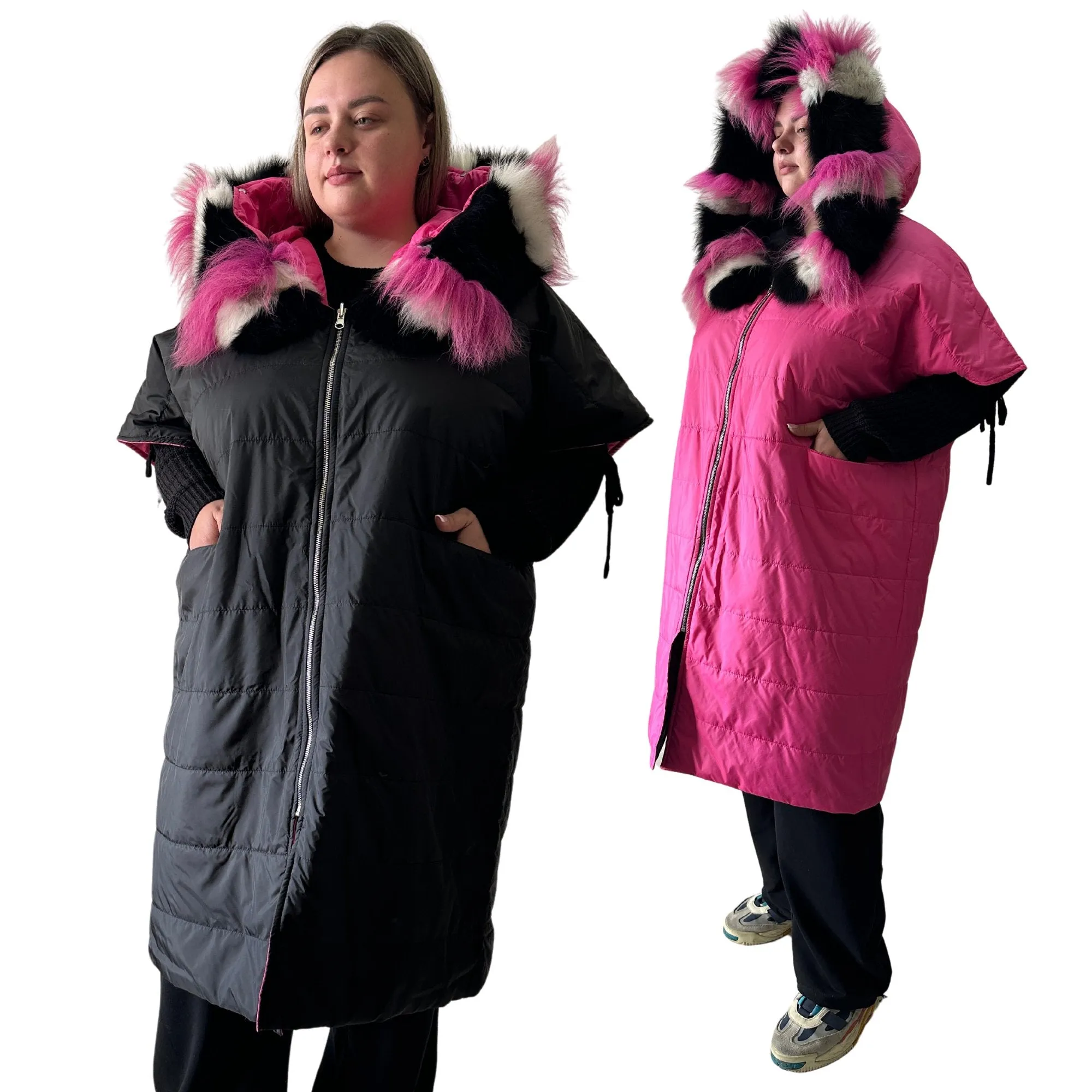 Puffer Pink Black Quilted Double-Sided Long Coat Vest Cape with Hood - Stylish and Warm Women's Outerwear Plus size