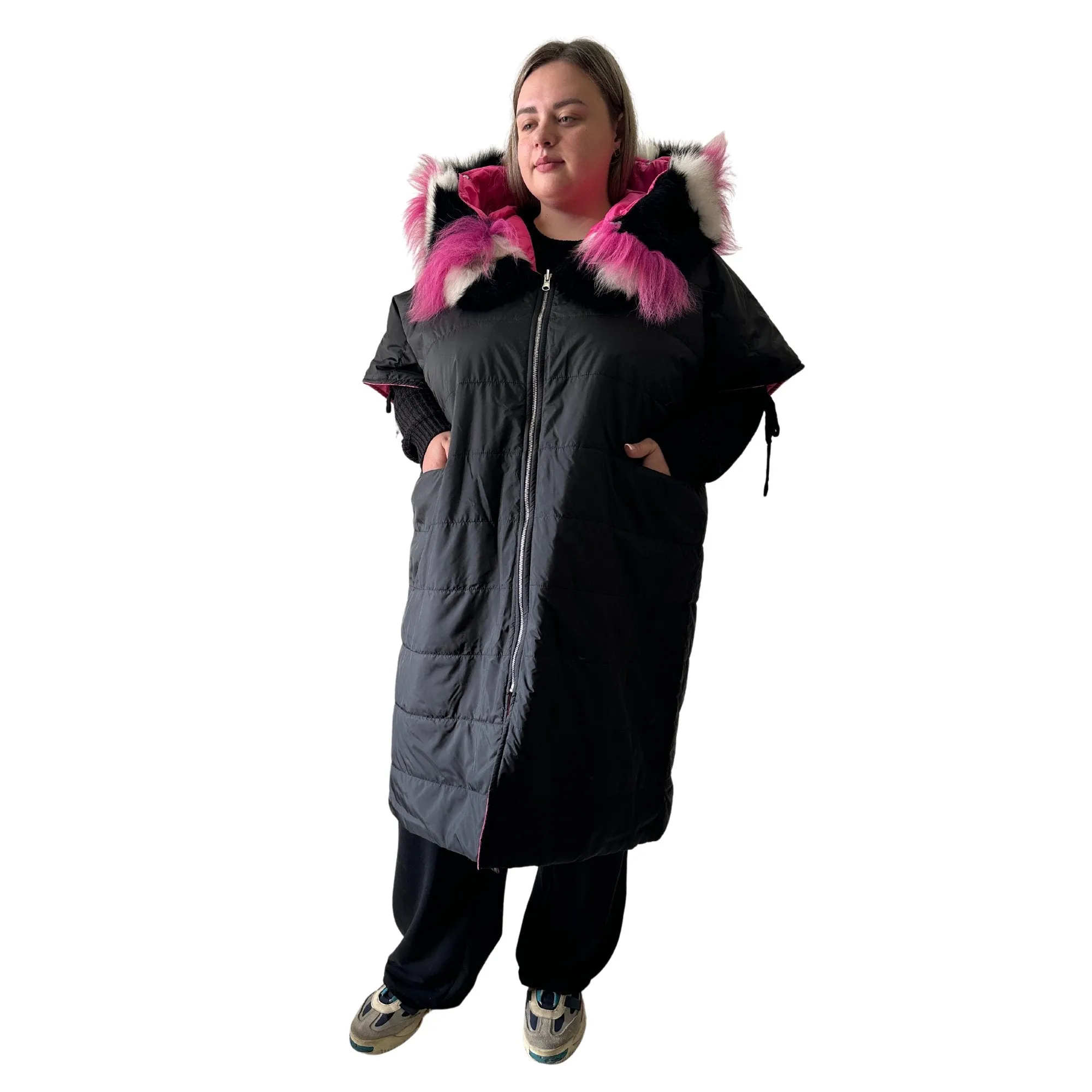 Puffer Pink Black Quilted Double-Sided Long Coat Vest Cape with Hood - Stylish and Warm Women's Outerwear Plus size