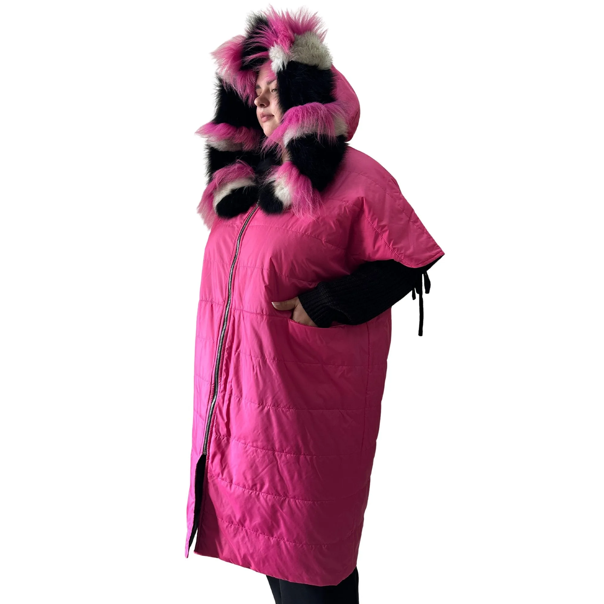 Puffer Pink Black Quilted Double-Sided Long Coat Vest Cape with Hood - Stylish and Warm Women's Outerwear Plus size