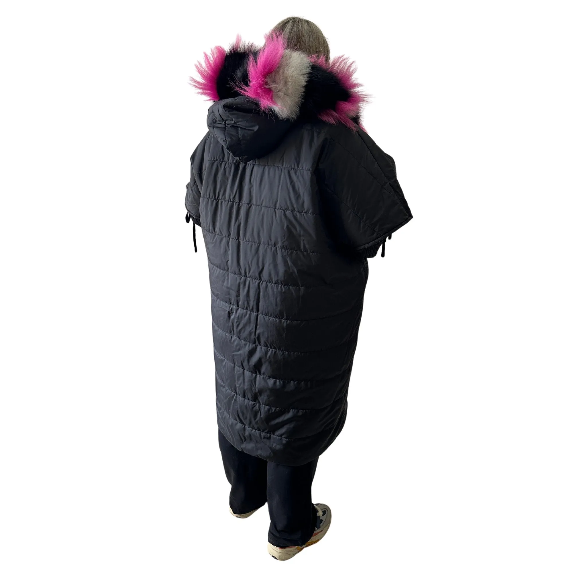 Puffer Pink Black Quilted Double-Sided Long Coat Vest Cape with Hood - Stylish and Warm Women's Outerwear Plus size