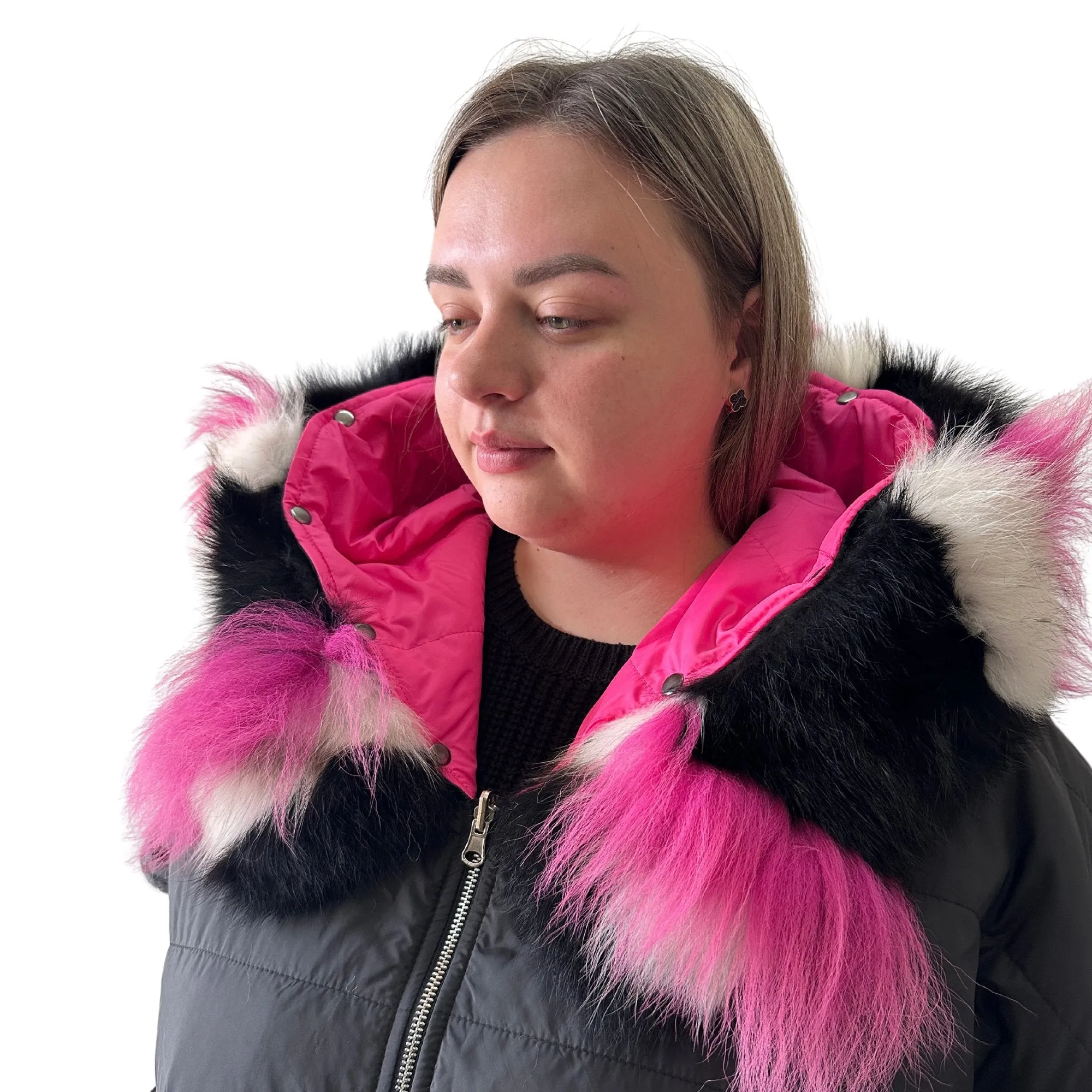 Puffer Pink Black Quilted Double-Sided Long Coat Vest Cape with Hood - Stylish and Warm Women's Outerwear Plus size