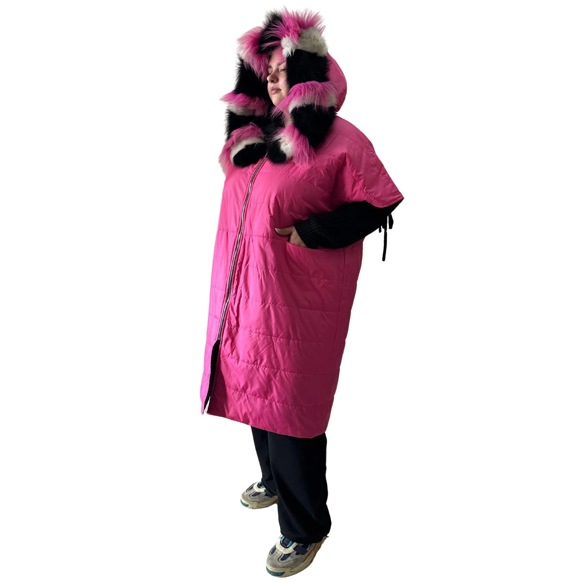 Puffer Pink Black Quilted Double-Sided Long Coat Vest Cape with Hood - Stylish and Warm Women's Outerwear Plus size