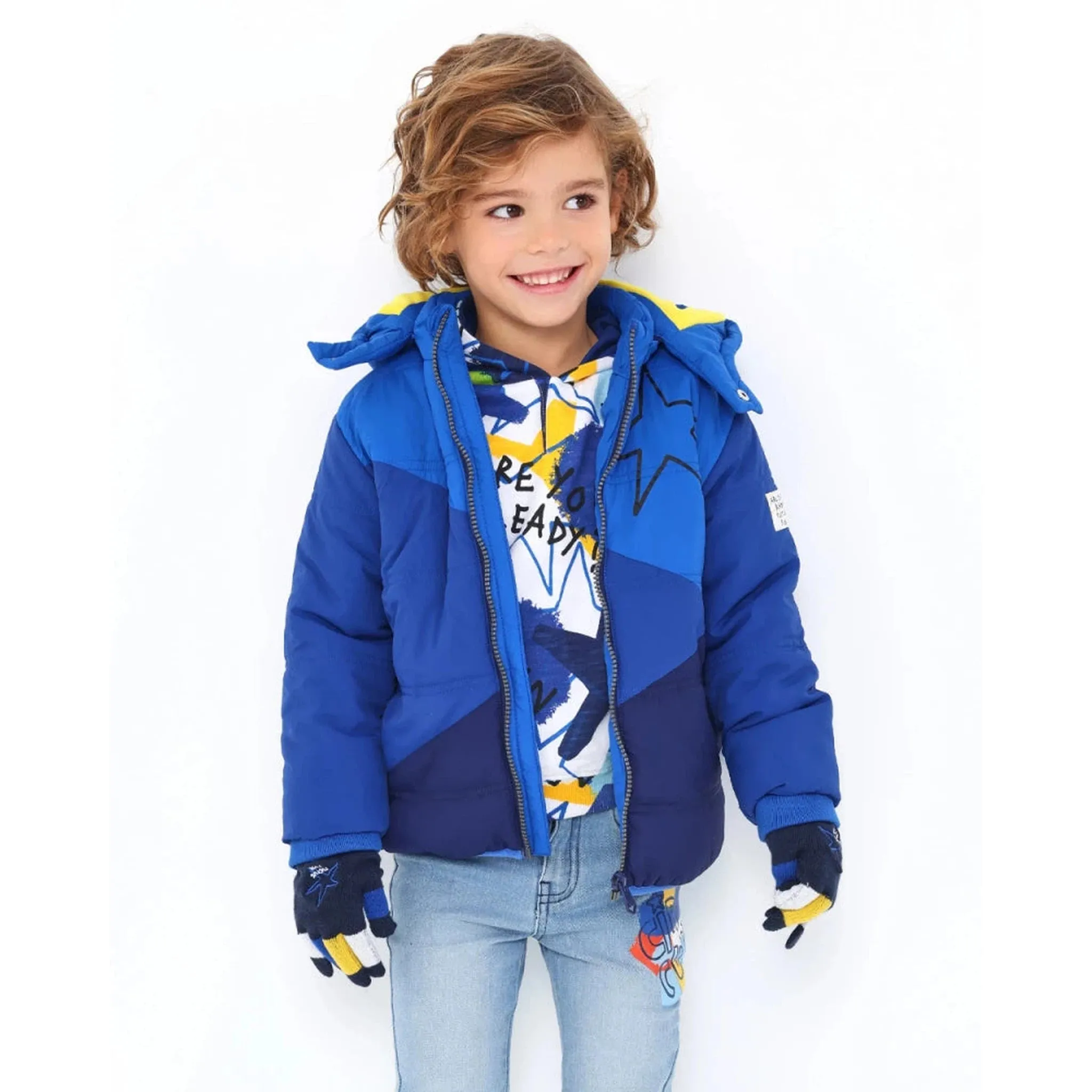Quilted technical parka for boys in blue with printed star
