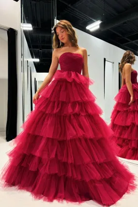 Red Strapless Tulle Long Prom Dress, Beautiful A-Line Evening Party Dress