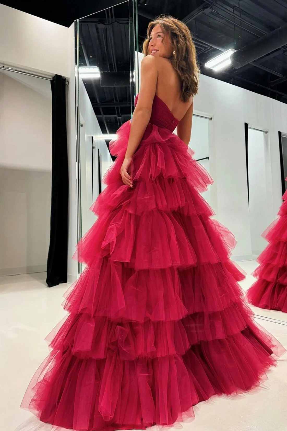 Red Strapless Tulle Long Prom Dress, Beautiful A-Line Evening Party Dress