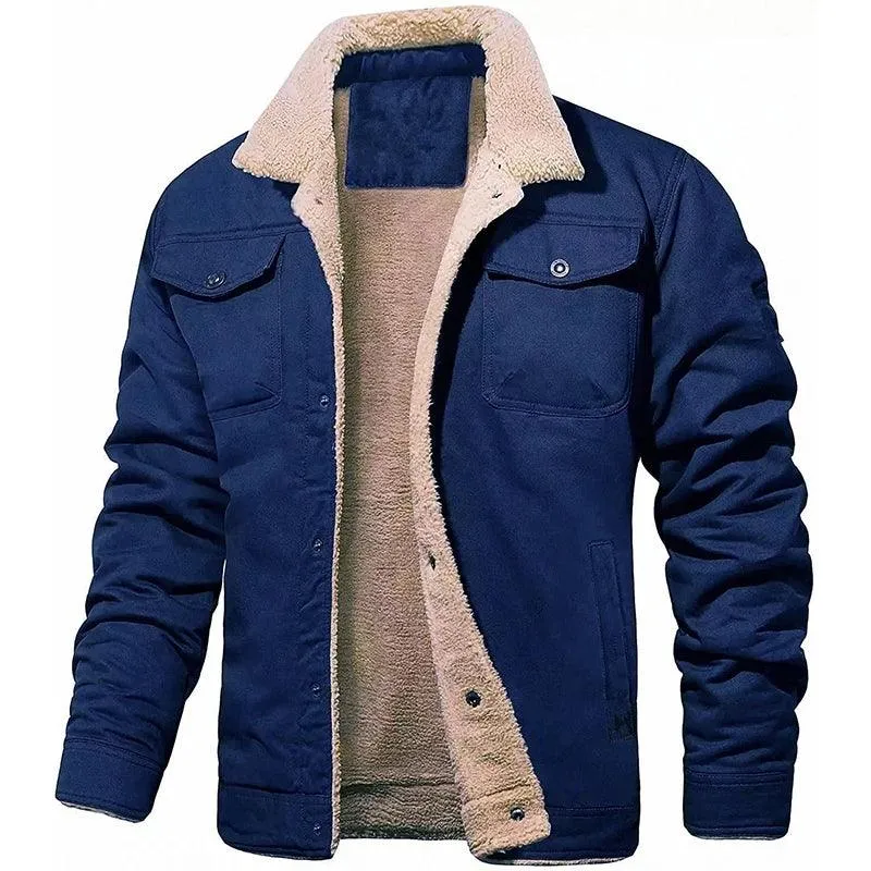 Safari-Inspired Style Men's Slim Double Pocket Long Sleeve Fleece Casual Jacket