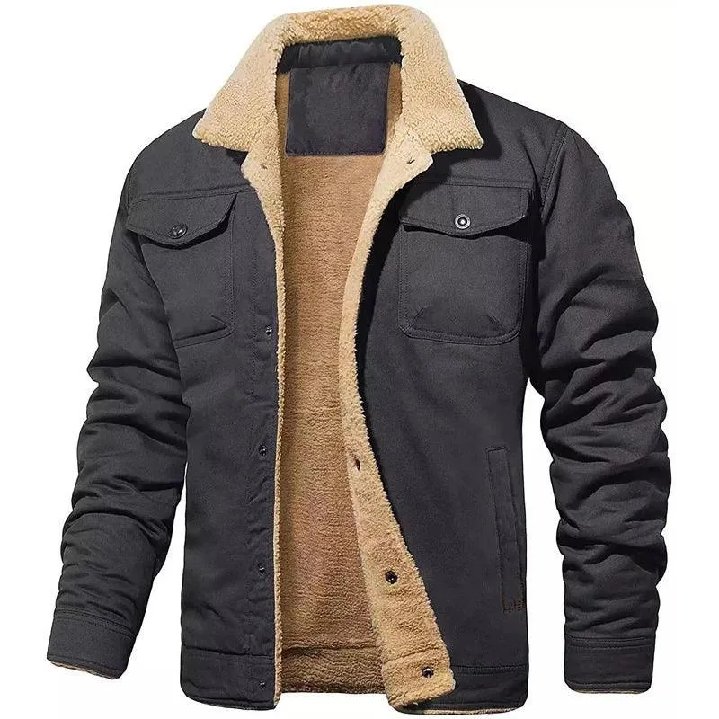 Safari-Inspired Style Men's Slim Double Pocket Long Sleeve Fleece Casual Jacket