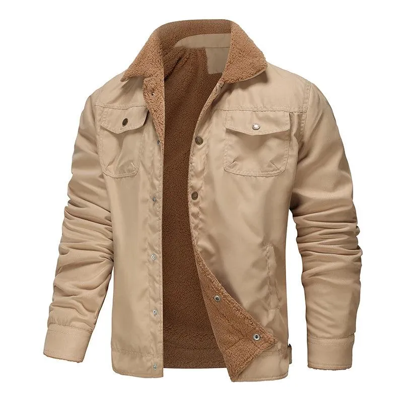 Safari-Inspired Style Men's Slim Double Pocket Long Sleeve Fleece Casual Jacket