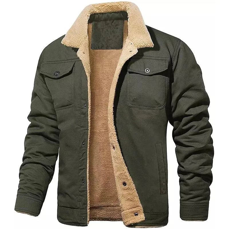 Safari-Inspired Style Men's Slim Double Pocket Long Sleeve Fleece Casual Jacket