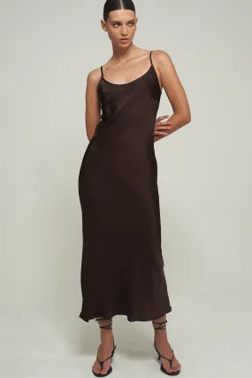SATIN MAXI SLIP DRESS IN BROWN