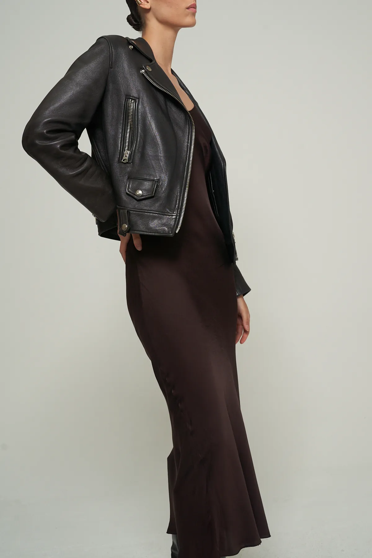 SATIN MAXI SLIP DRESS IN BROWN