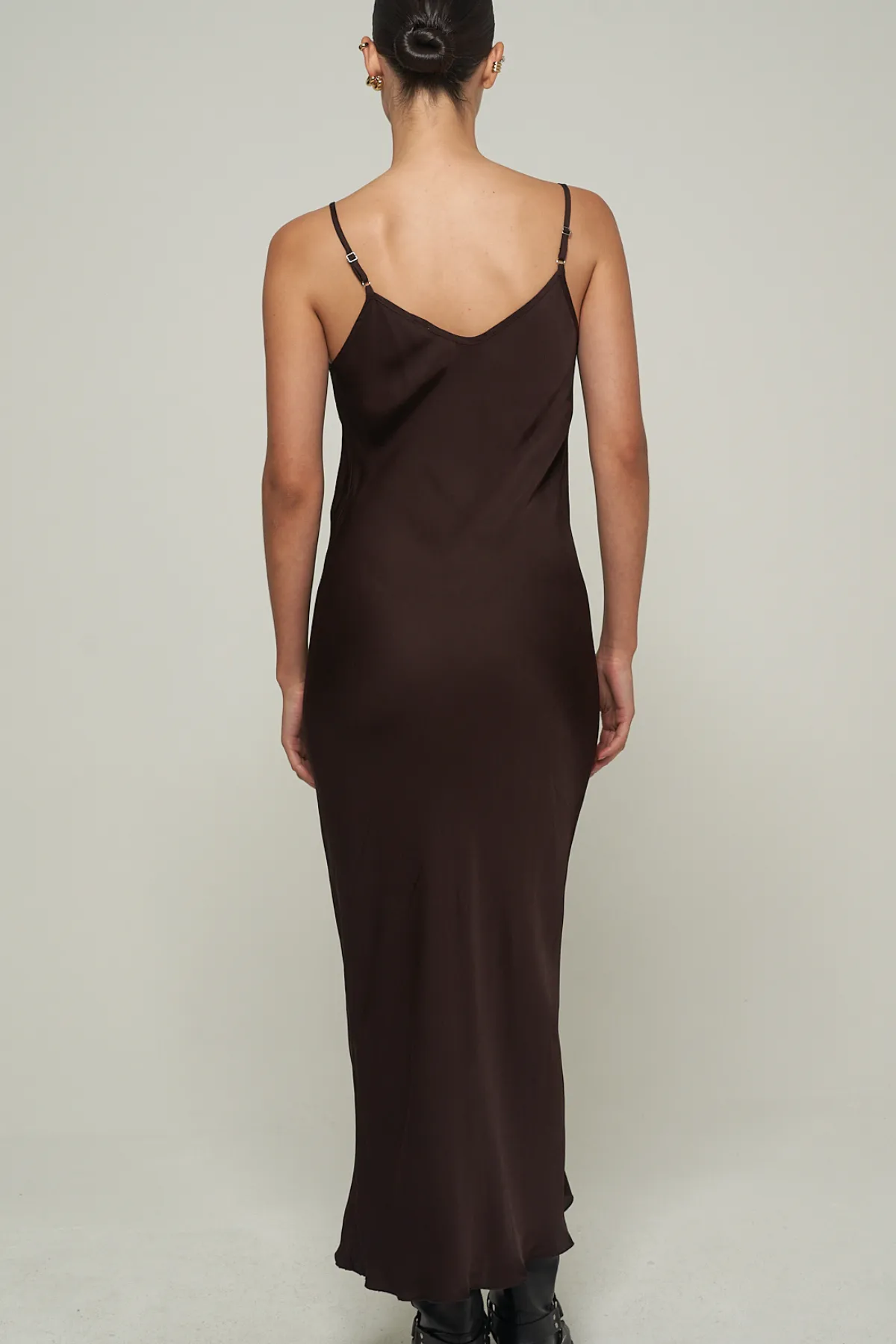 SATIN MAXI SLIP DRESS IN BROWN