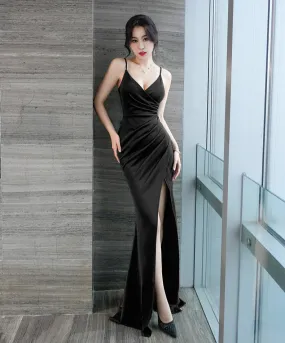 Sexy Asymmetrical Pleated V Neck Slit Party Evening Dress