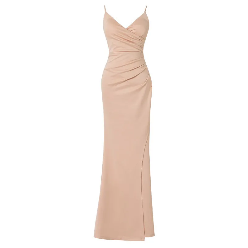 Sexy Asymmetrical Pleated V Neck Slit Party Evening Dress