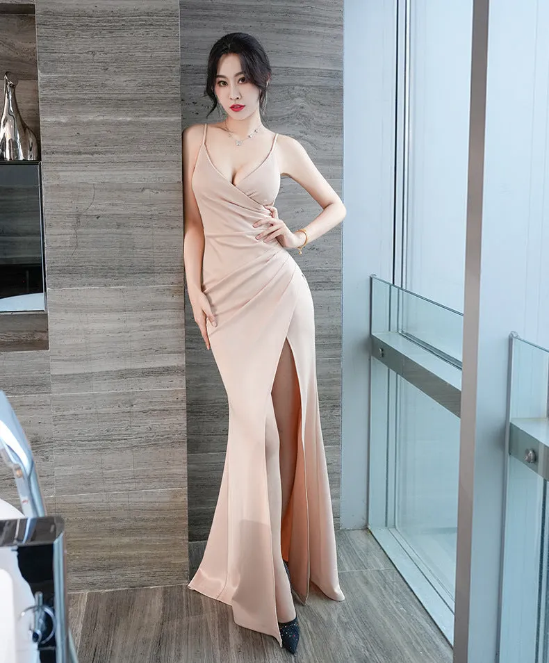 Sexy Asymmetrical Pleated V Neck Slit Party Evening Dress