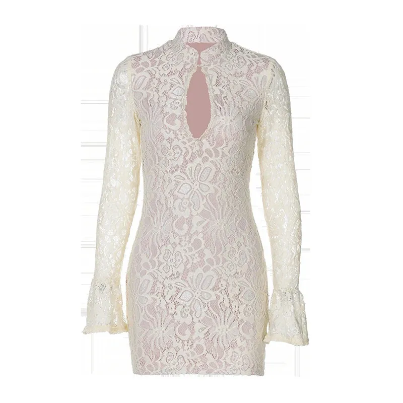 Sexy Lace Hollow Out Long Sleeve Half High Collar Party Dress
