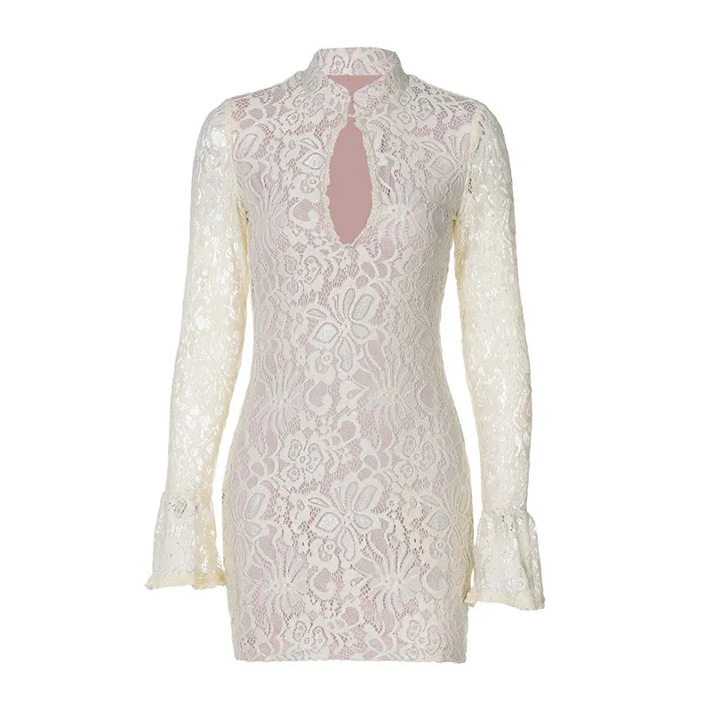 Sexy Lace Hollow Out Long Sleeve Half High Collar Party Dress