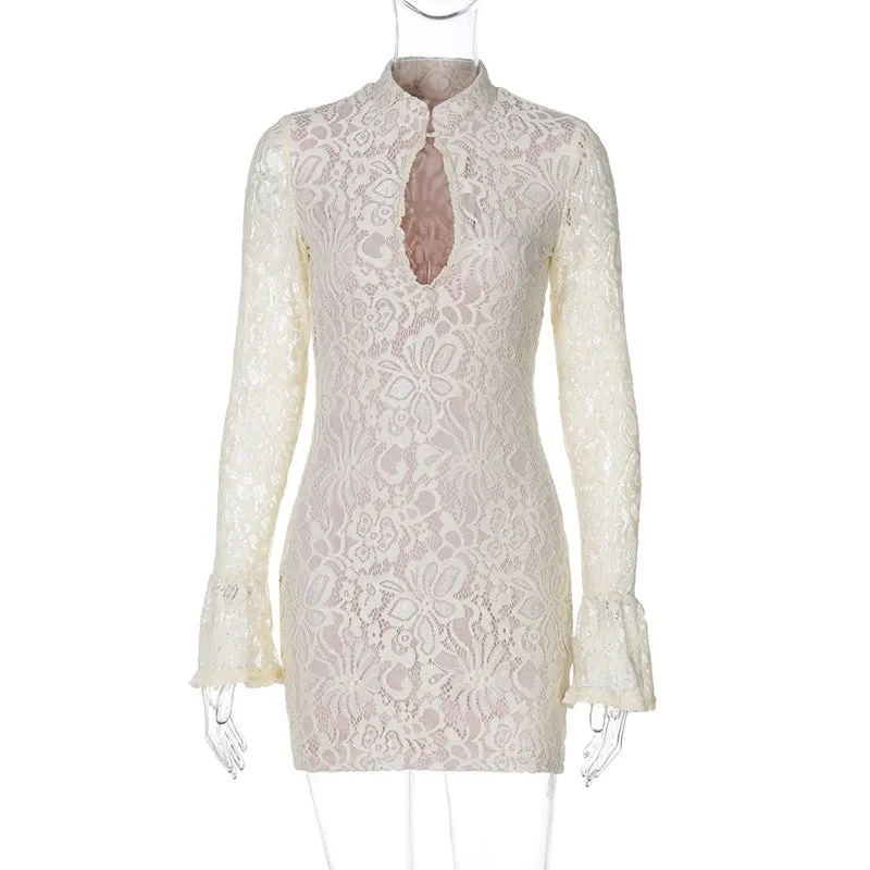 Sexy Lace Hollow Out Long Sleeve Half High Collar Party Dress